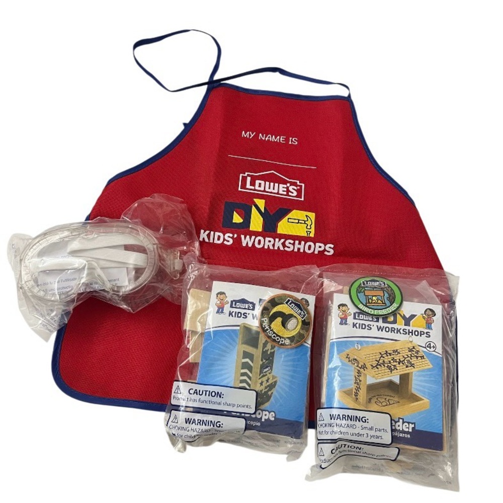 🔨 New Lowes DIY Kids Workshop Kits - 2 Building Kits, Apron & Glasses